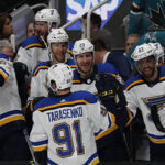 st. louis blues teammates congratulate vladimir tarasenko after scoring in game 5 of the western conference final on sunday