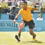 Felix Auger-Aliassime responds during the quarter-finals at Queen’s Club with a forehand against Greece’s Stefanos Tsitsipas London yesterday