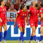 U.S forward Christen Press and teammates celebrate after scoring against England during the semifinal match at the 2019 Women's World Cup
