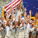 the u.s. women's national team celebrate after winning thier second back-to-back world cup title in lyons, france on sunday
