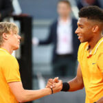 Denis Shapovalov and Felix Auger-Aliassime shake hands after thier match in Madrid at the Mutua Madrid Open in May.