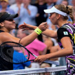 bianca andreescu and elise mertens embrace at the net after thier quarter-final match at the 2019 us open in new york