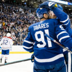 john tavares is congratulated after scoring in late in the first period against montreal on wednesday night in toronto.