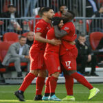 toronto fc teammates celbrate after earning a win over the columbus crew on sunday at bmo field