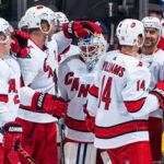 carolina hurricanes congratulate backup goalie david ayres recorded his first appearance and win in an nhl game last night in toronto