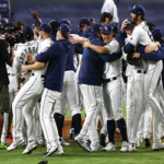 The Tampa Bay Rays celebrate after coming back from a three game deficit to win the AL Championship and advance to the World Series Final.