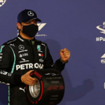 Valtteri Bottas poses for the media after securing pole position for Sunday's Sakhir Grand Prix.